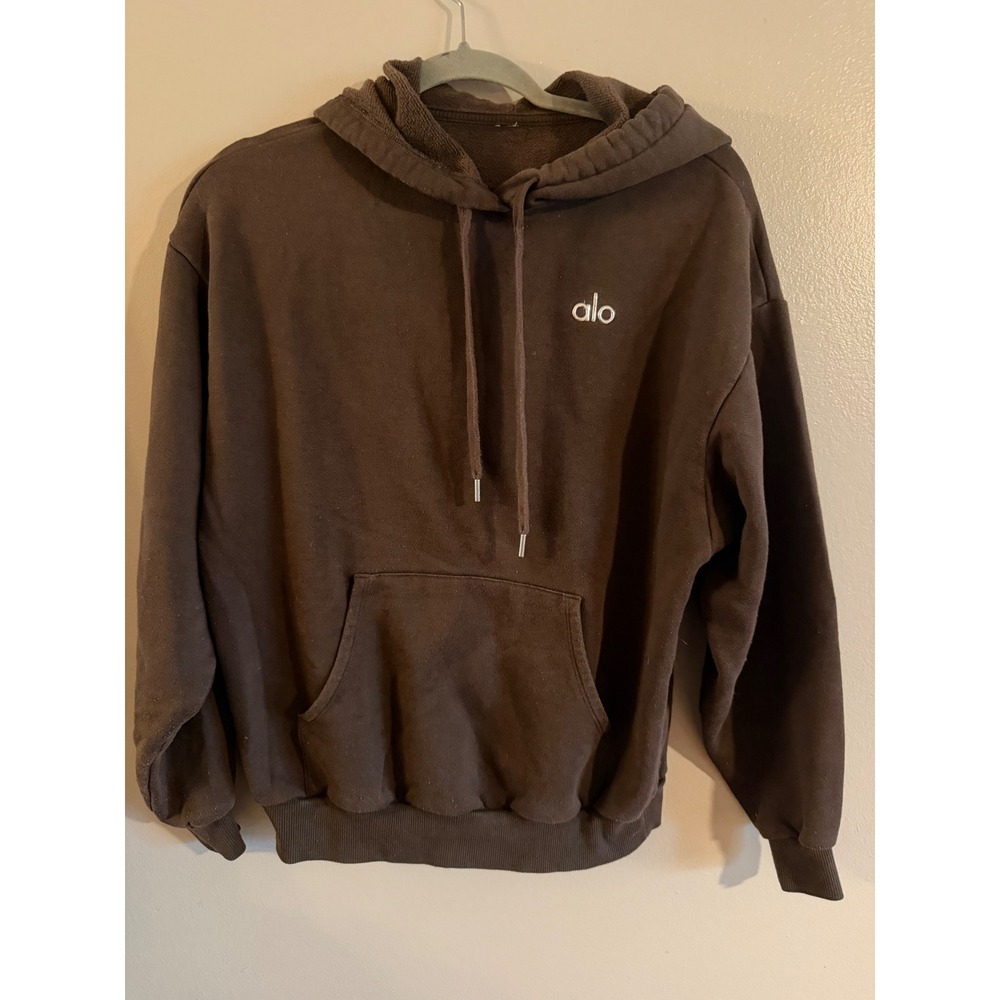 Alo Yoga Accolade Hoodie Espresso Brown Relaxed Fit Sweatshirt Chrome Logo